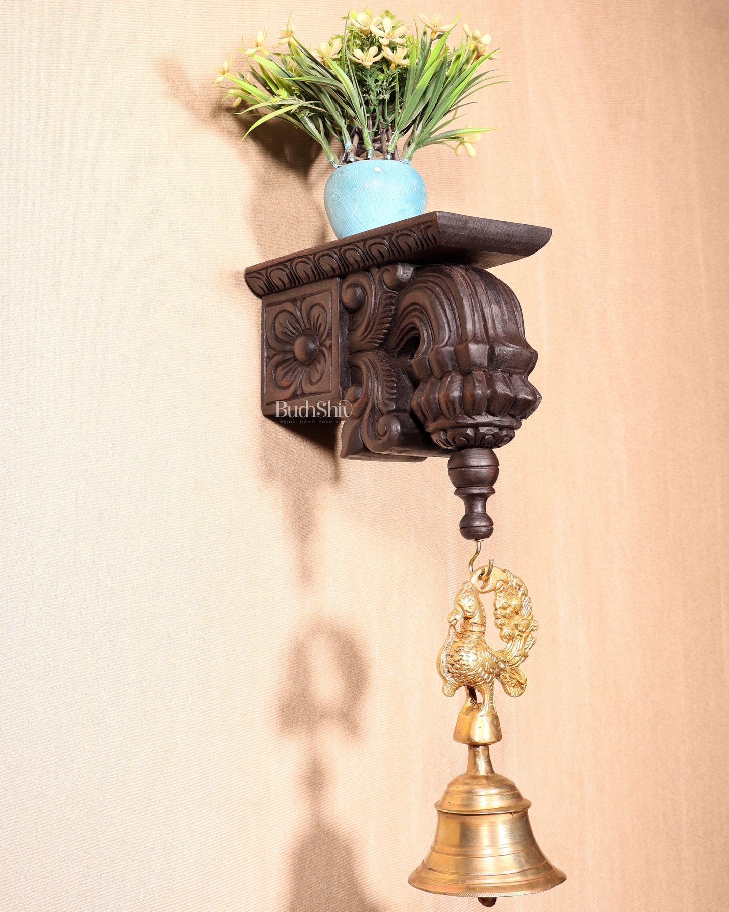 Handcrafted Wooden Antique Wall Bracket with Hook and Shelf 9" - Sama Homes Idol - Brass Sculpture