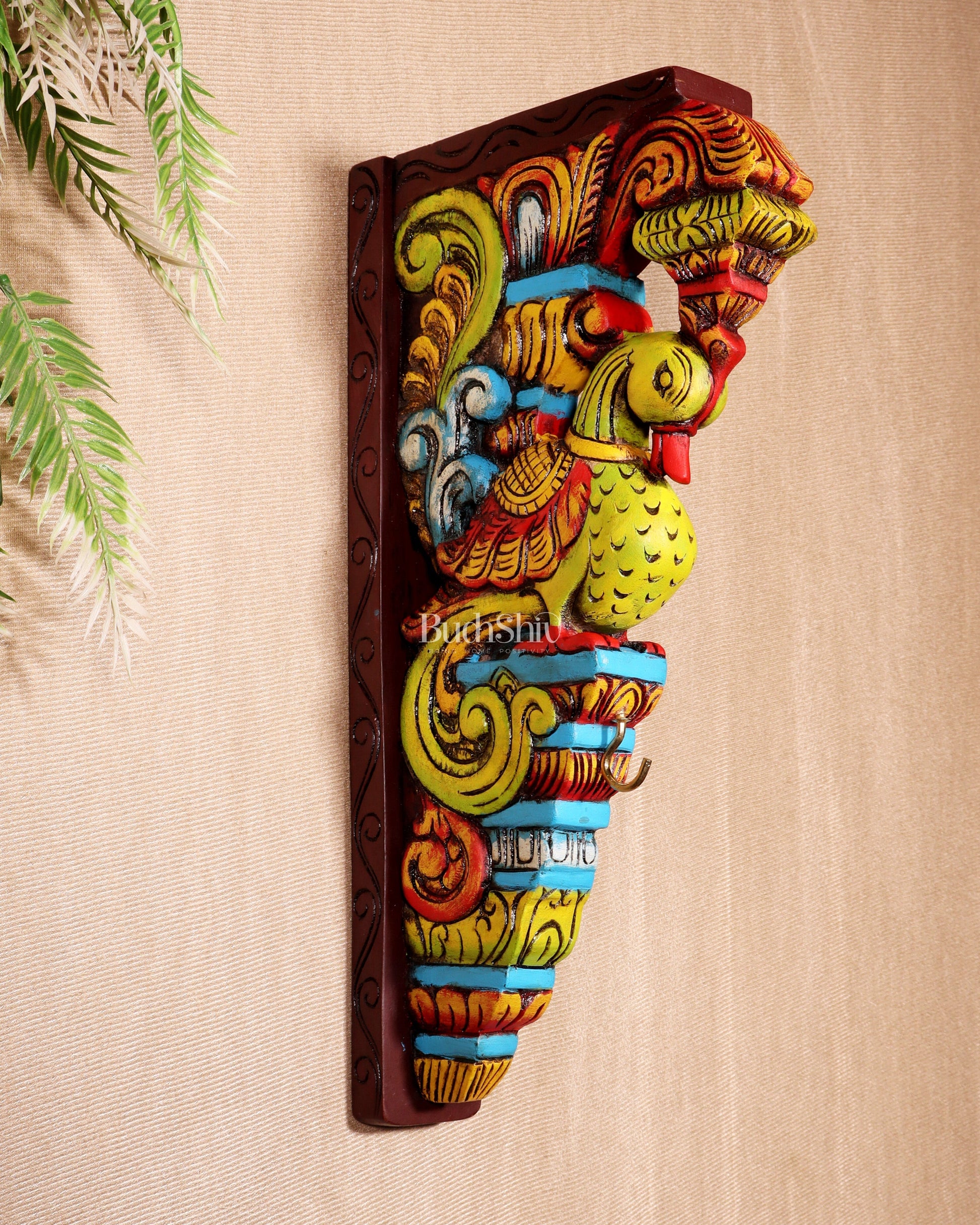 Multicolour Handcrafted Wooden Peacock Wall Bracket 14.5" - Sama Homes Idol - Brass Sculpture - Eco-friendly - Sama Homes