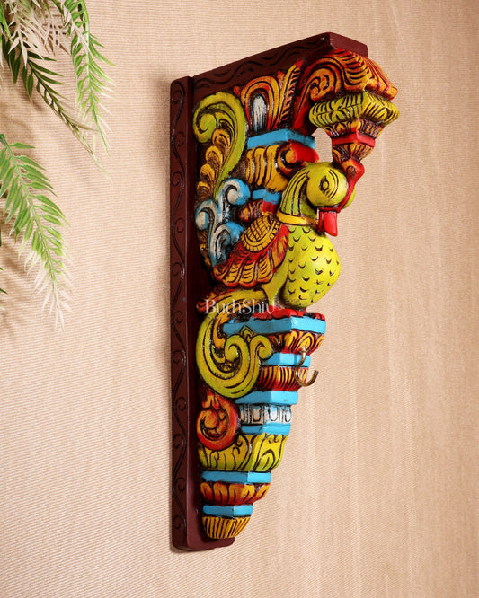 Multicolour Handcrafted Wooden Peacock Wall Bracket 14.5" - Sama Homes Idol - Brass Sculpture