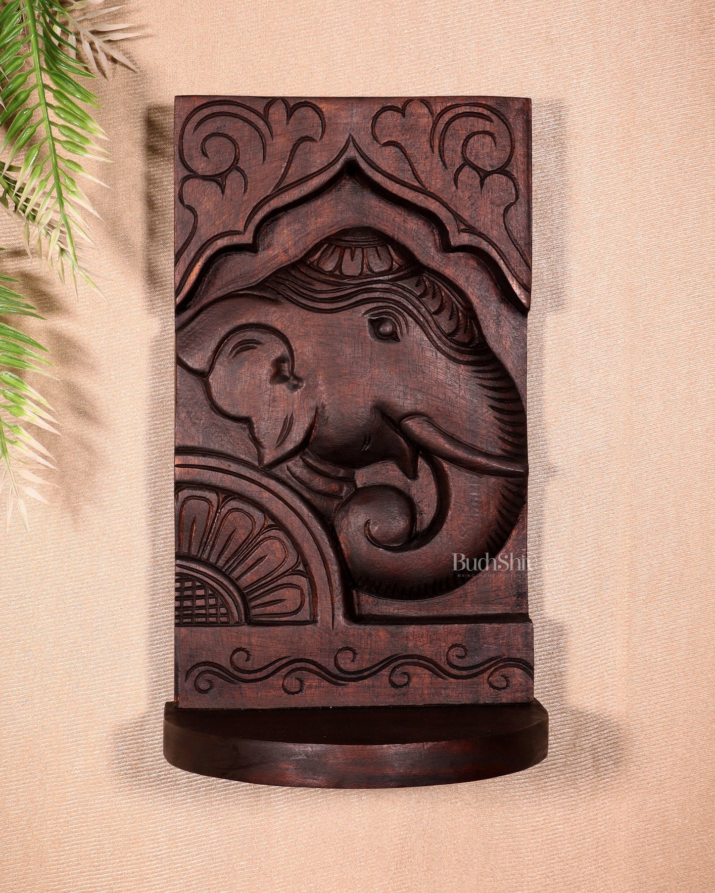 Wooden Vintage Elephant Face Design Wall Hanging Shelf 12" - Sama Homes Idol - Brass Sculpture