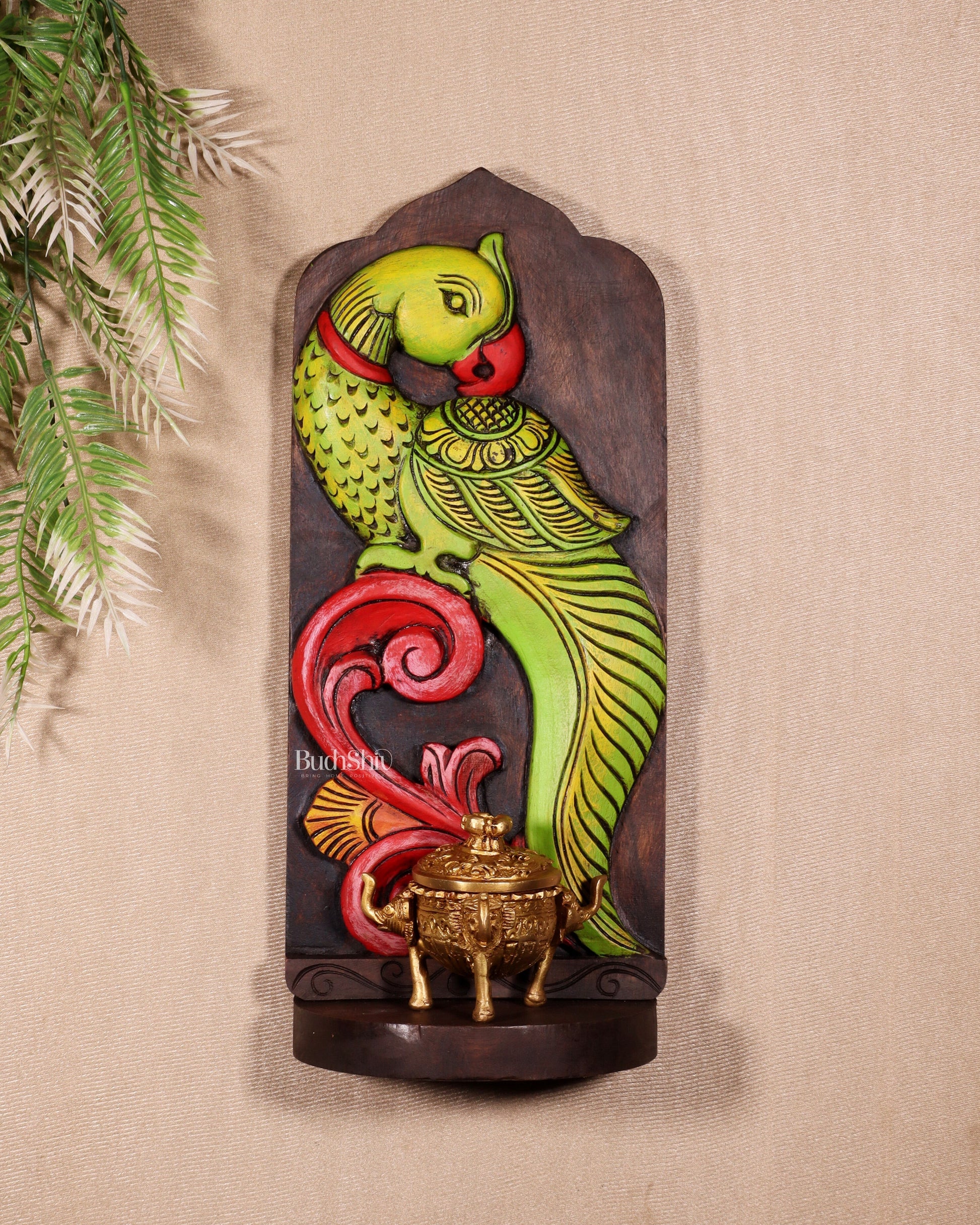 Elephant with Parrot Wooden Wall Hanging Panel with Shelf 15.5" - Sama Homes Idol - Brass Sculpture - Eco-friendly - Sama Homes