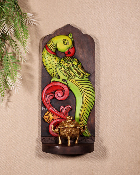 Elephant with Parrot Wooden Wall Hanging Panel with Shelf 15.5" - Sama Homes Idol - Brass Sculpture