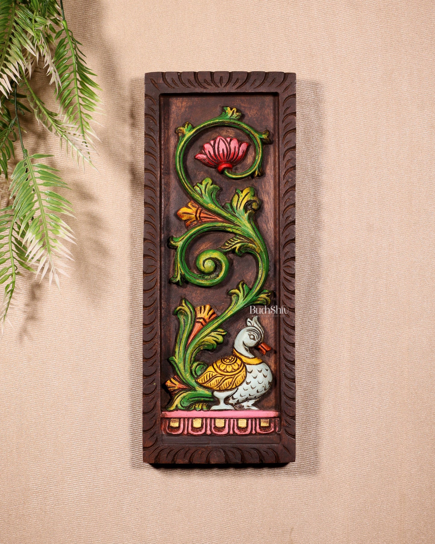 Peacock Handcrafted & Hand-Painted Wooden Wall Hanging Panel 15" - Sama Homes Idol - Brass Sculpture