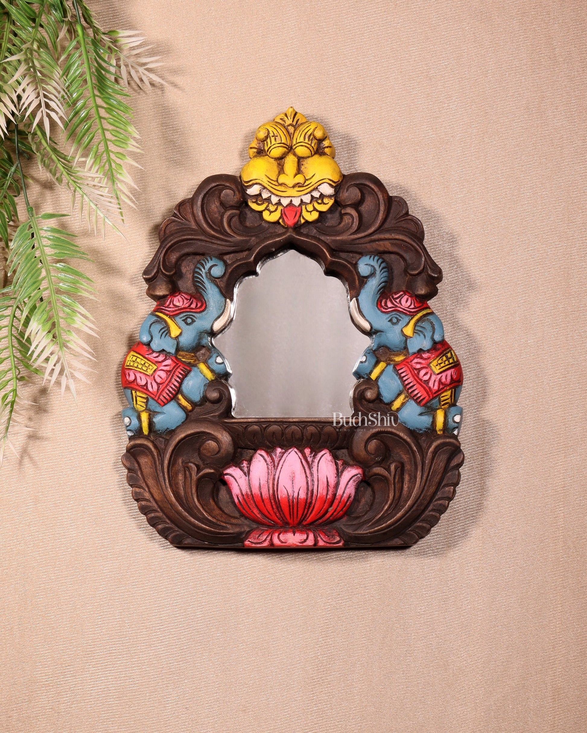 Handcrafted Wooden Twin Elephant & Kirtimukha Wall Bracket with Mirror 12" - Eco-friendly - Sama Homes