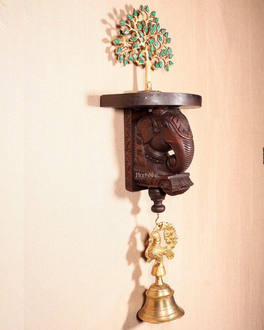 Handcrafted Wooden Elephant Wall Bracket with Shelf & Brass Hook – Traditional Décor 11" – Sama Homes