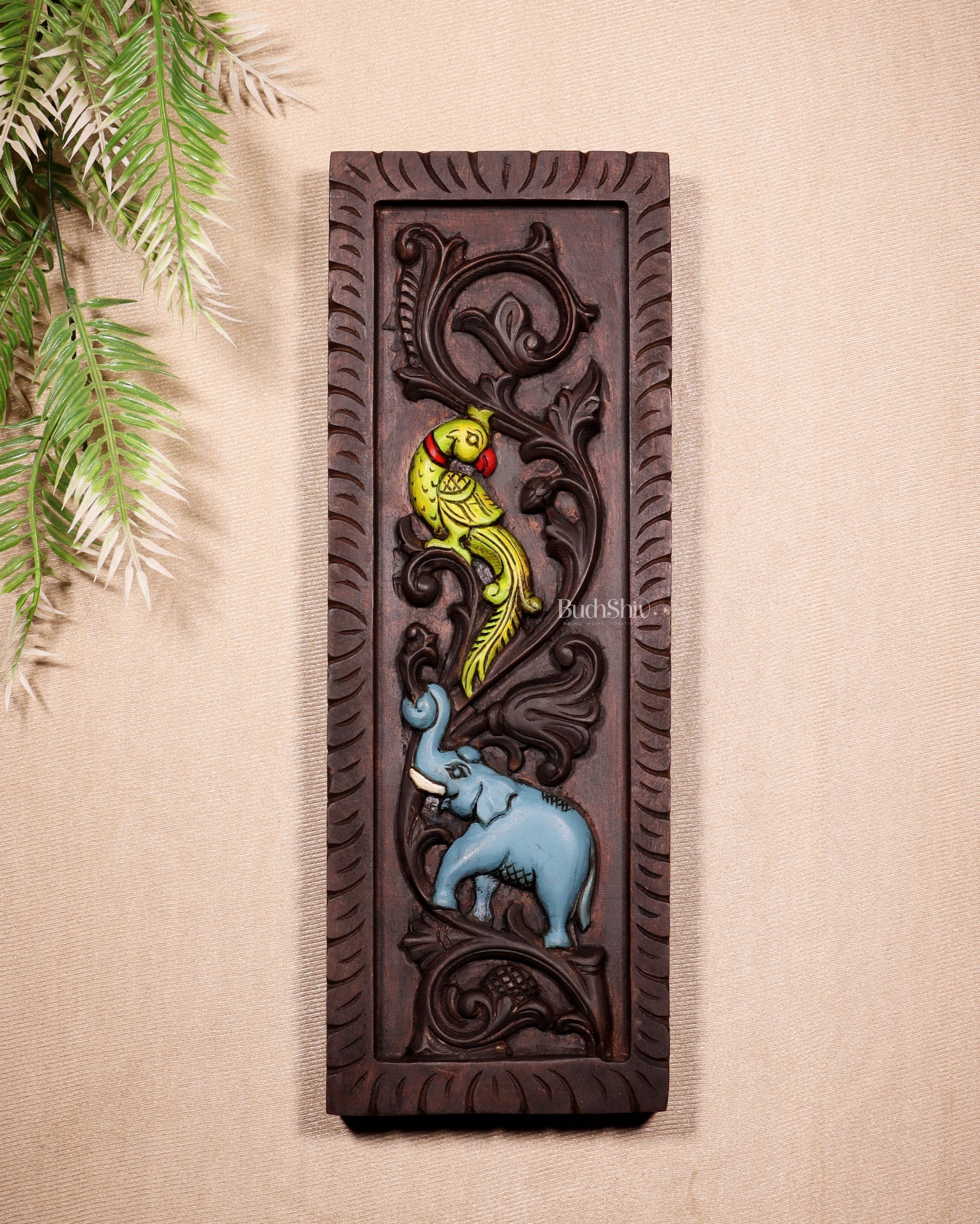 Elephant with Parrot Wooden Wall Hanging Panel – Handcrafted & Hand-Painted 15.5" - Sama Homes Idol - Brass Sculpture - Eco-friendly - Sama Homes
