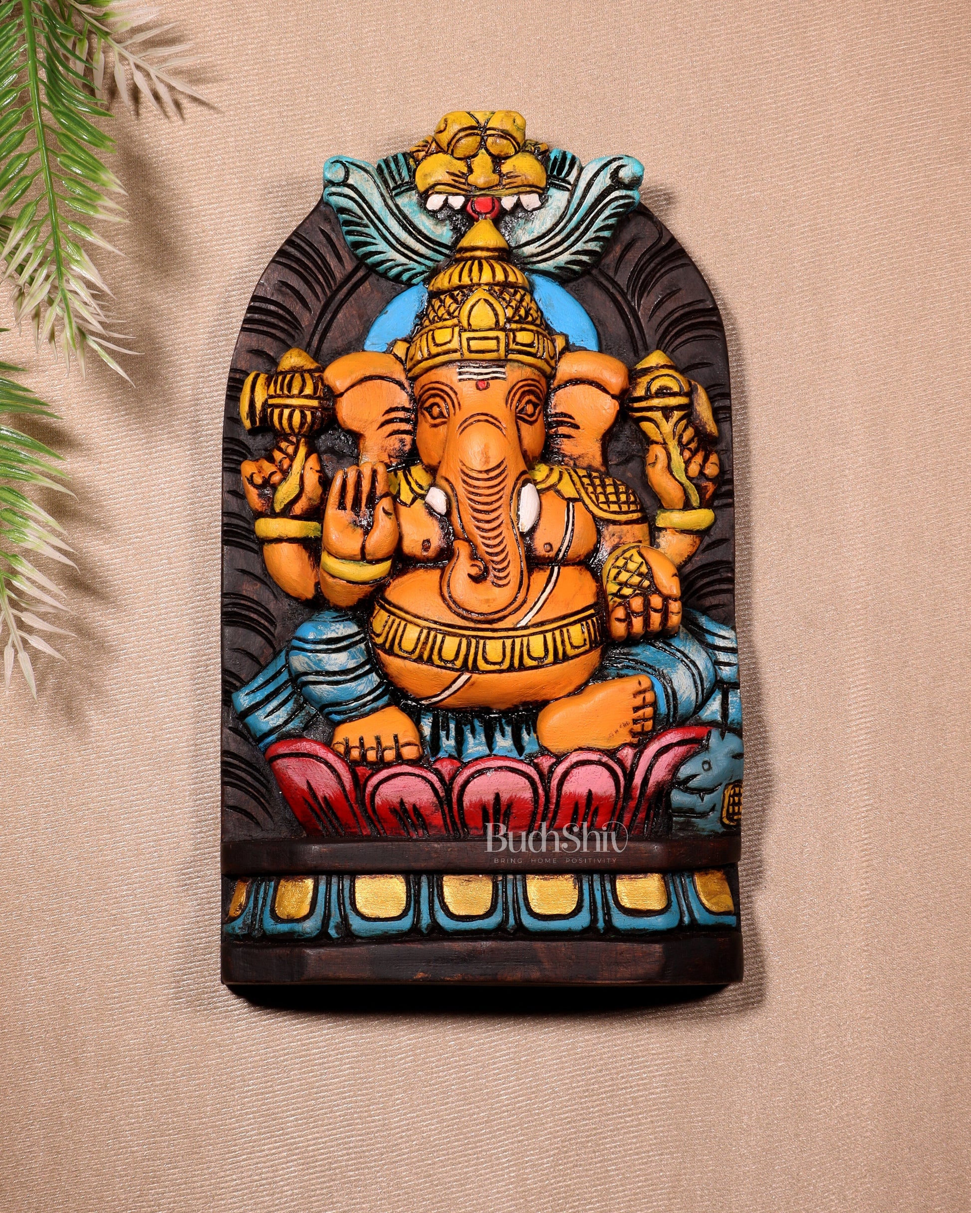 Handcrafted Wooden Lord Ganesha Wall Hanging – Hand-Painted 12" - Sama Homes Idol - Brass Sculpture - Eco-friendly - Sama Homes