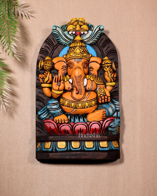 Handcrafted Wooden Lord Ganesha Wall Hanging – Hand-Painted 12" - Sama Homes Idol - Brass Sculpture