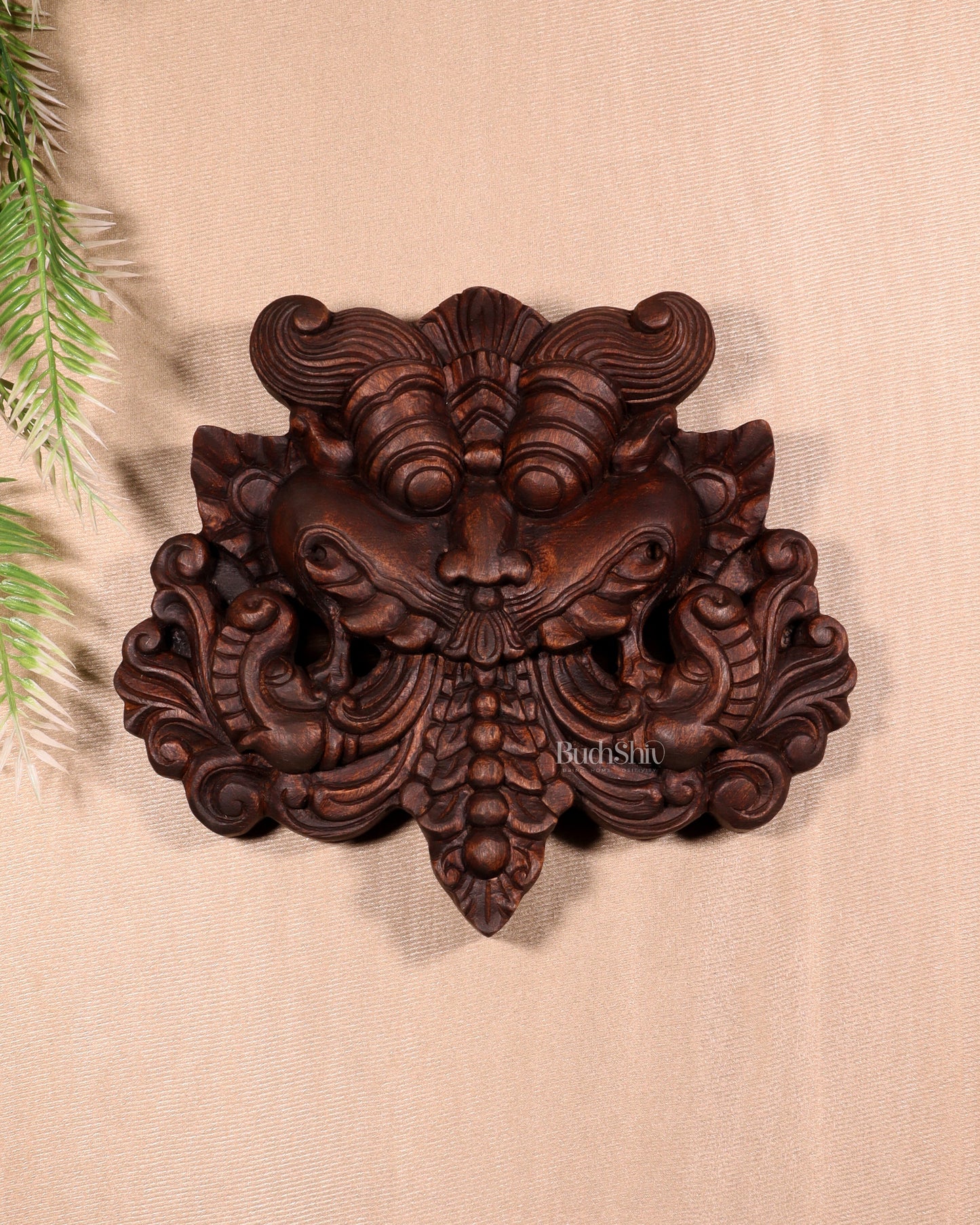 Wooden Kirtimukha Yali Wall Hanging Nazarbattu 12" Handcrafted Protection Charm - Sama Homes Idol - Brass Sculpture