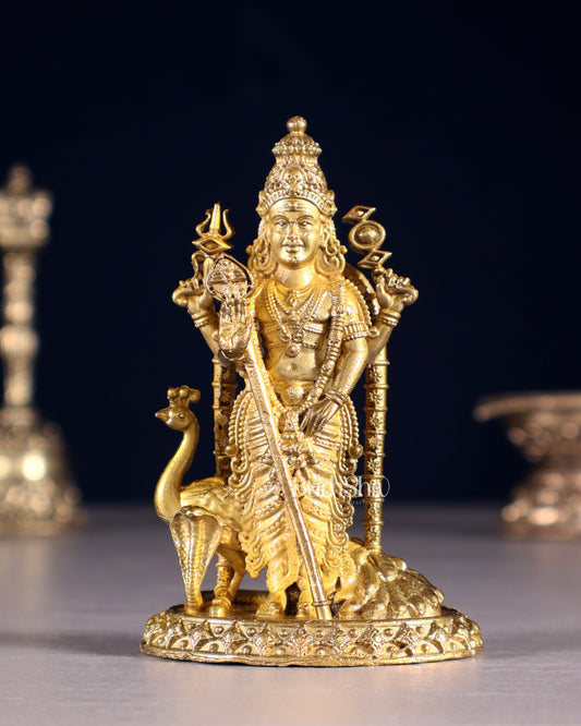 Pure Bronze Murugan with Peacock Idol | 3.5" (8.9 cm) Panchaloha Statue - Sama Homes Idol - Brass Sculpture