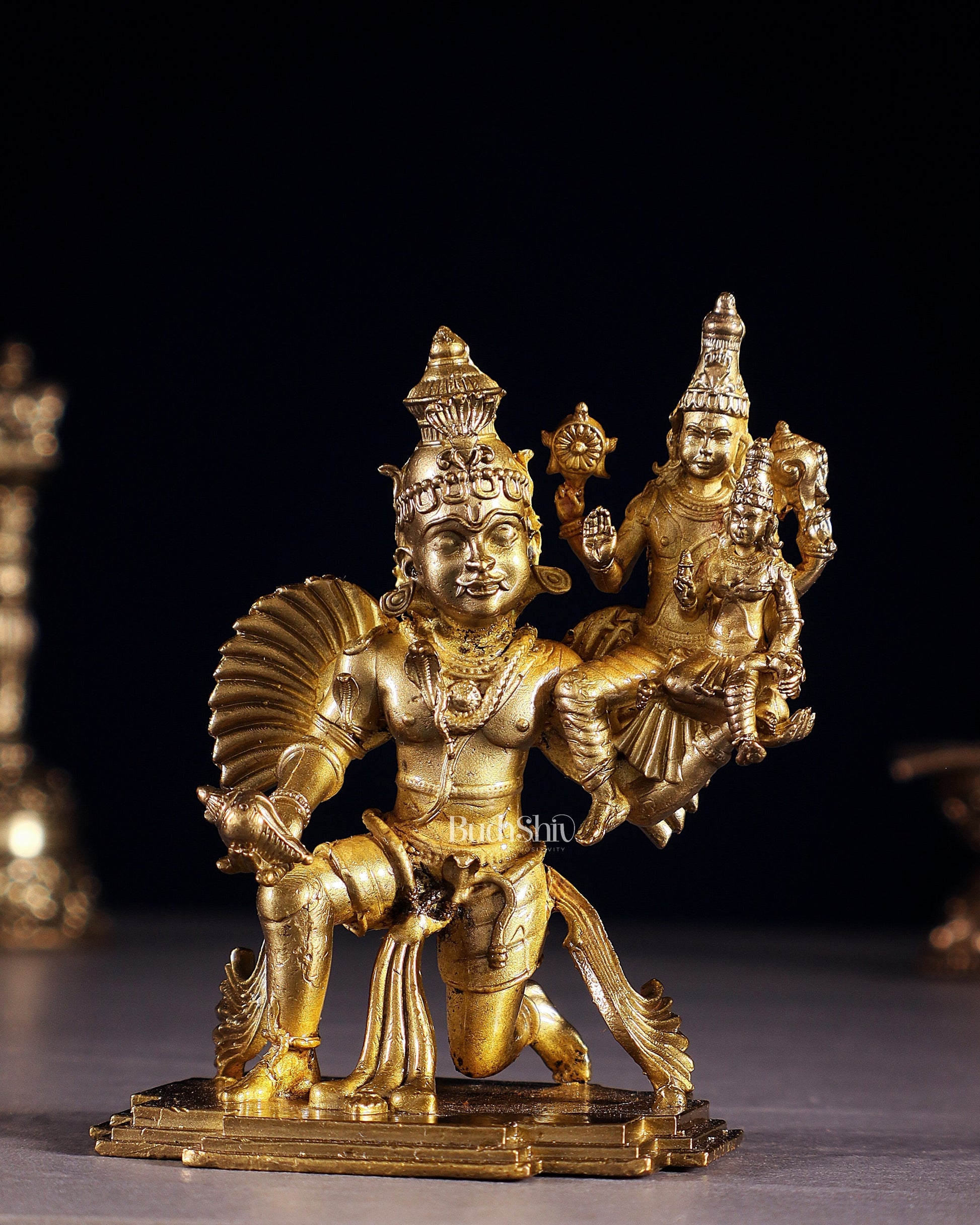 Pure Bronze Vishnu Lakshmi on Garuda Idol | 3.5" (8.9 cm) Panchaloha Statue - Sama Homes Idol - Brass Sculpture - Eco-friendly - Sama Homes
