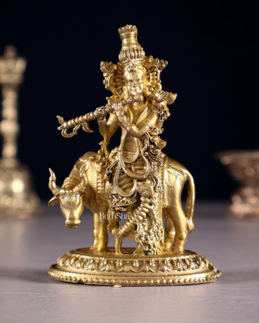 Pure Bronze Krishna with Cow Idol | 3.5" (8.9 cm) Panchaloha - Sama Homes Idol - Brass Sculpture