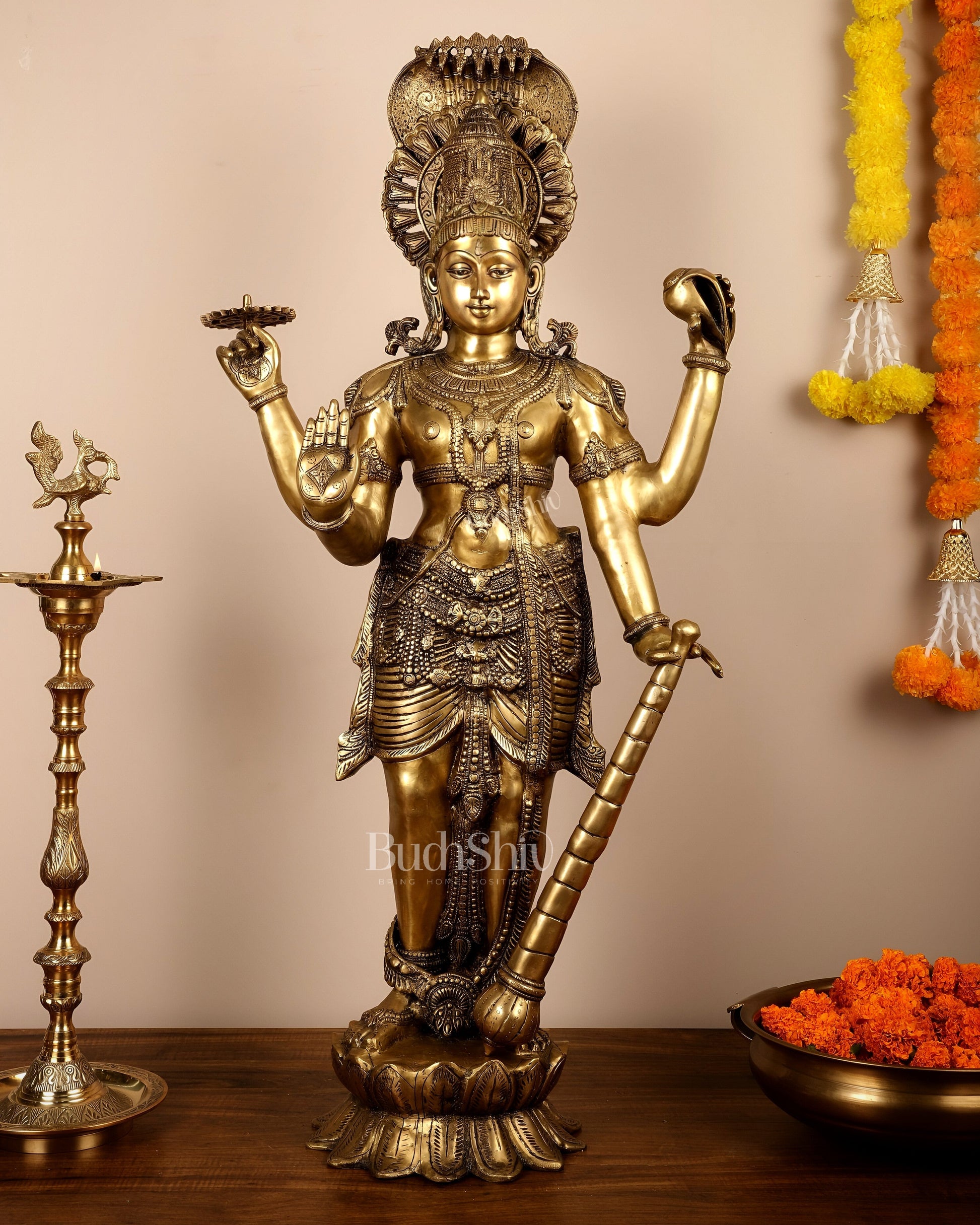 Large Lord Vishnu Brass Idol - 40 Inch Height - Sama Homes Idol - Brass Sculpture - Eco-friendly - Sama Homes