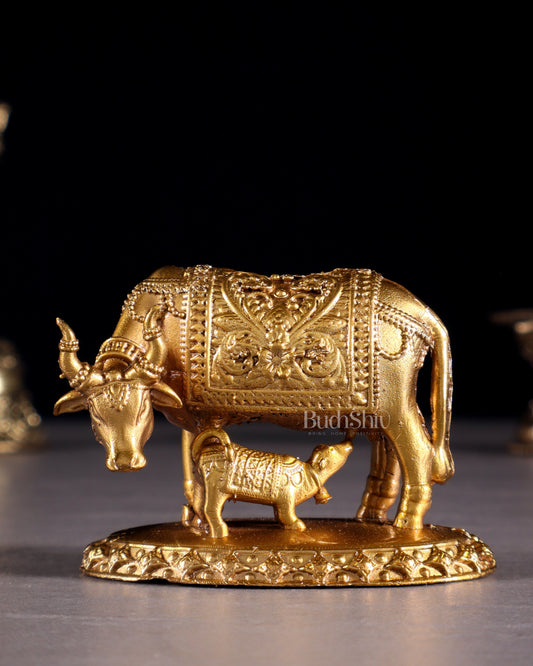 Panchaloha Pure Bronze Cow with Calf Idol – Gomatha Kamdhenu | 2.5" - Sama Homes Idol - Brass Sculpture