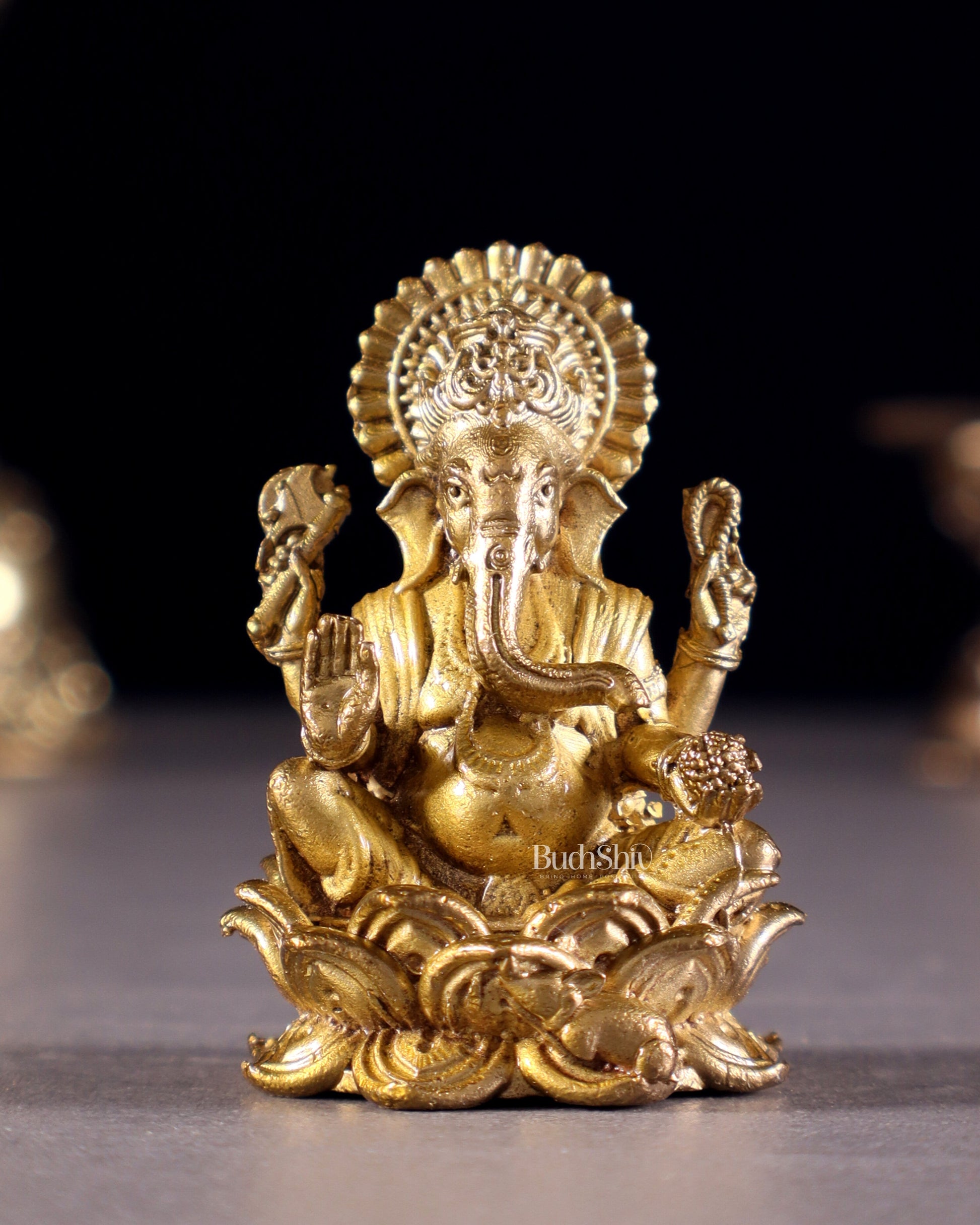 Pure Bronze Panchaloha Miniature Lord Ganesha on Lotus – 1.5" - Sama Homes Idol - Brass Sculpture - Eco-friendly - Sama Homes