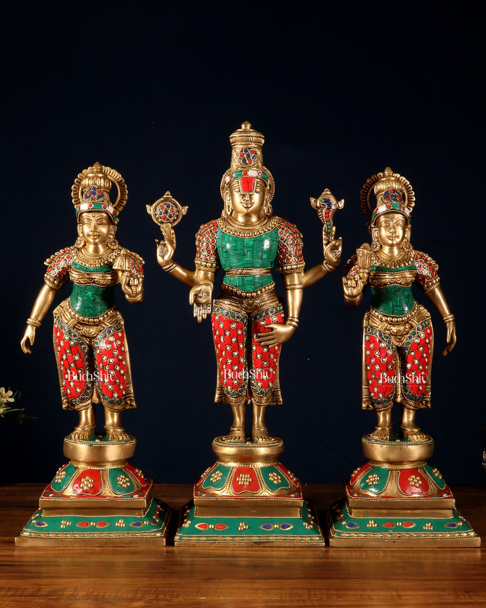 Superfine Brass Lord Tirupati Balaji with Bhudevi and Shreedevi Idol Set - 18.5" meenakari - Sama Homes Idol - Brass Sculpture - Eco-friendly - Sama Homes