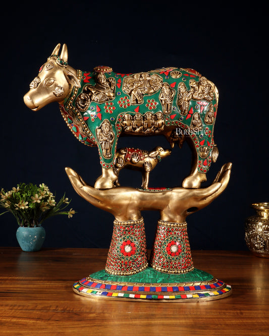 Brass Superfine Kamadhenu Cow with Calf Idol large 18" meenakari