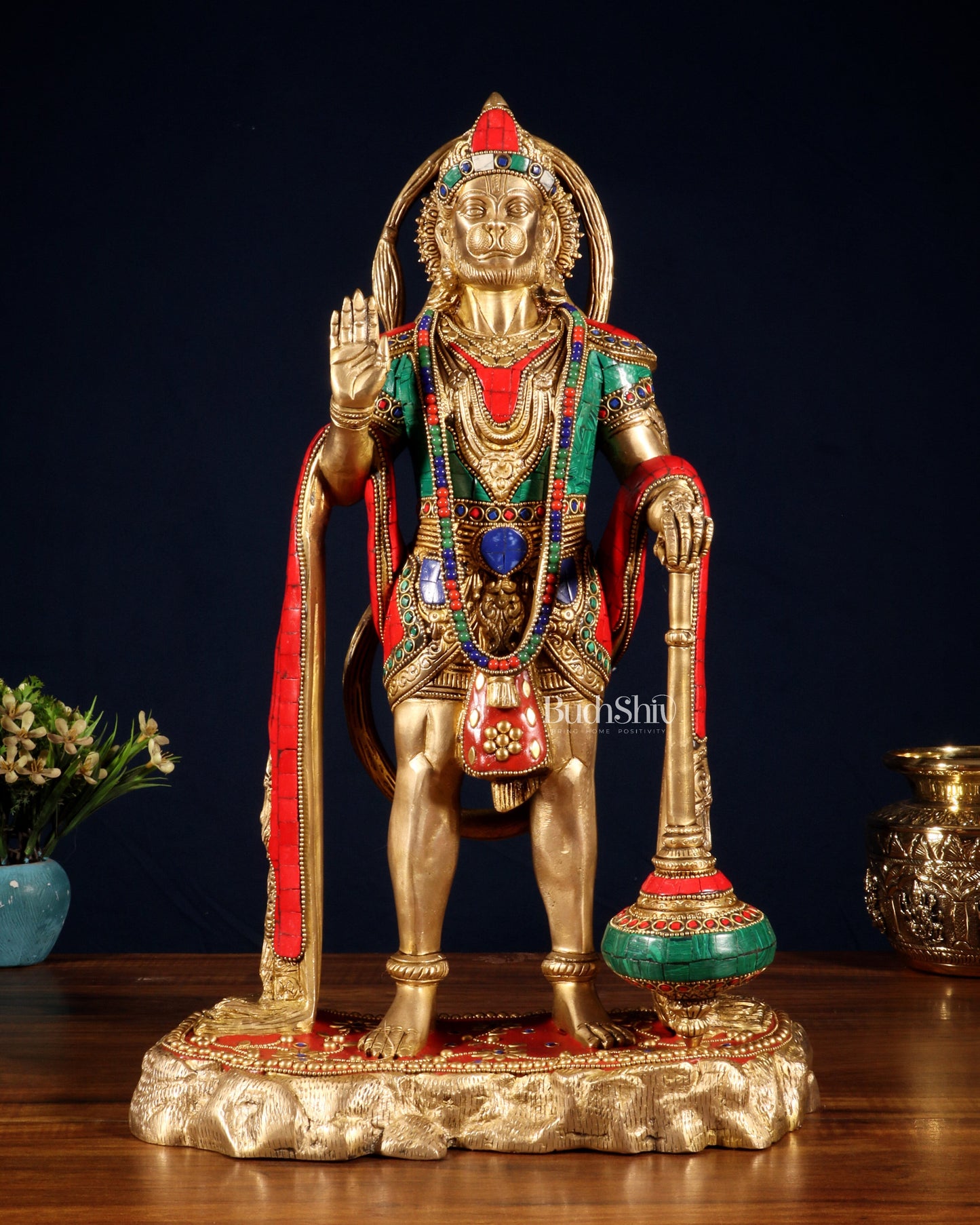 Pure Brass Standing Hanuman Statue - 18" meenakari Stonework - Sama Homes Idol - Brass Sculpture