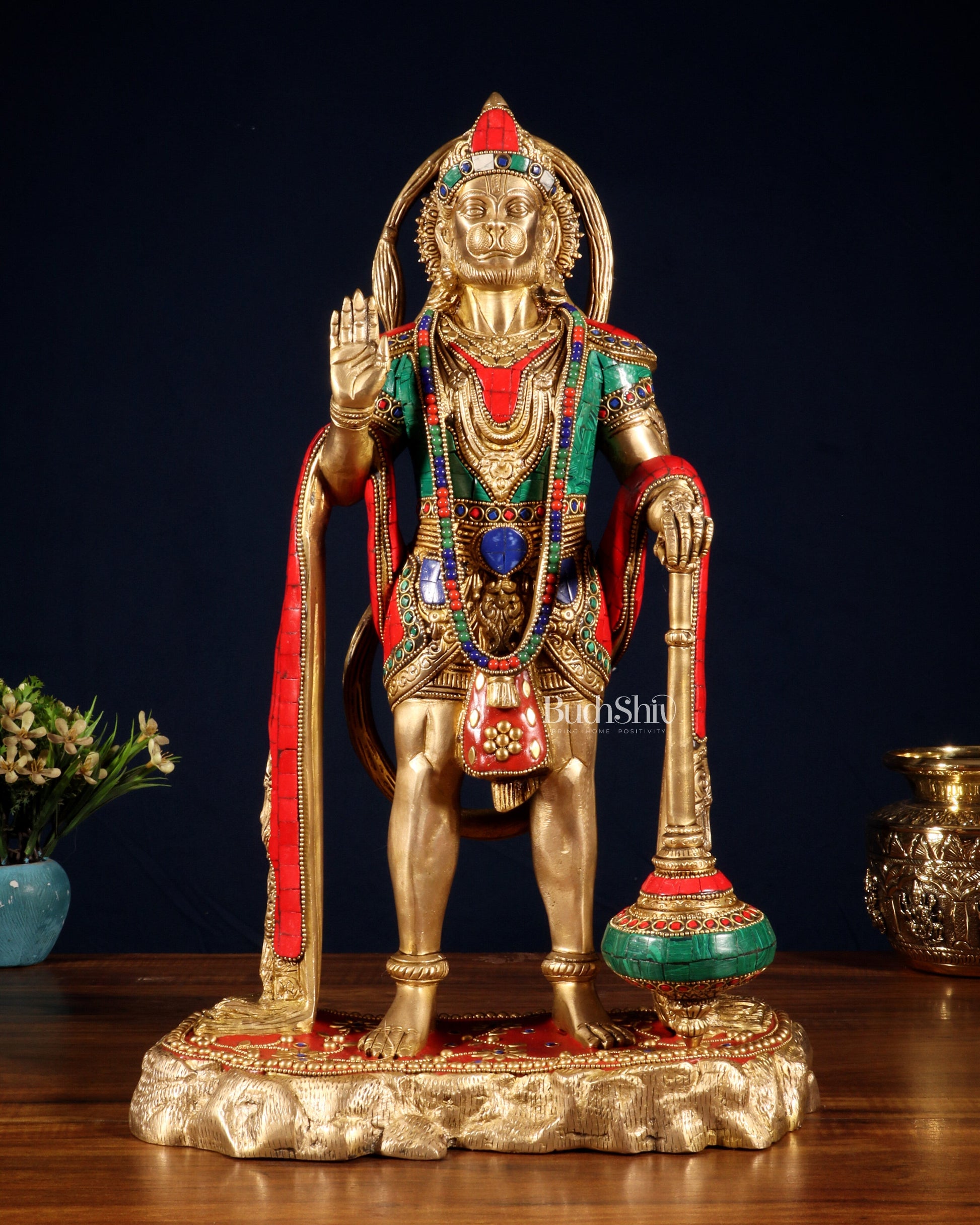 Pure Brass Standing Hanuman Statue - 18" meenakari Stonework - Sama Homes Idol - Brass Sculpture - Eco-friendly - Sama Homes