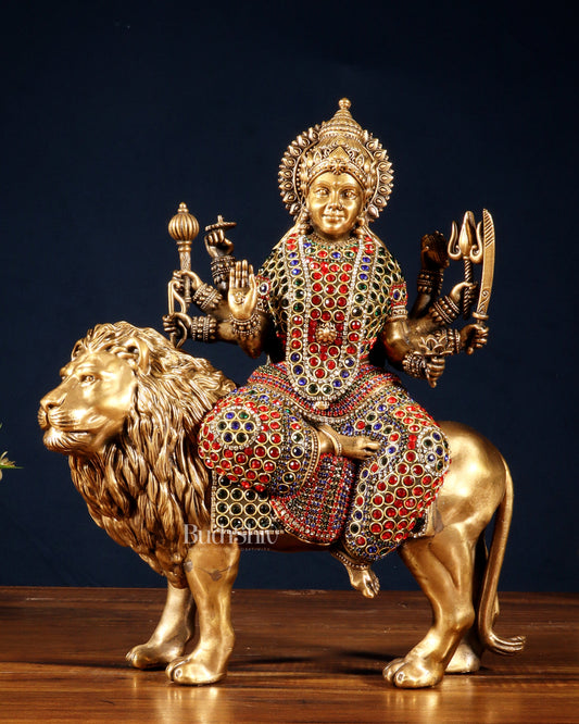 Superfine Brass Goddess Durga Sherawali Mata Idol 12" with jewellers meenakari - Sama Homes Idol - Brass Sculpture