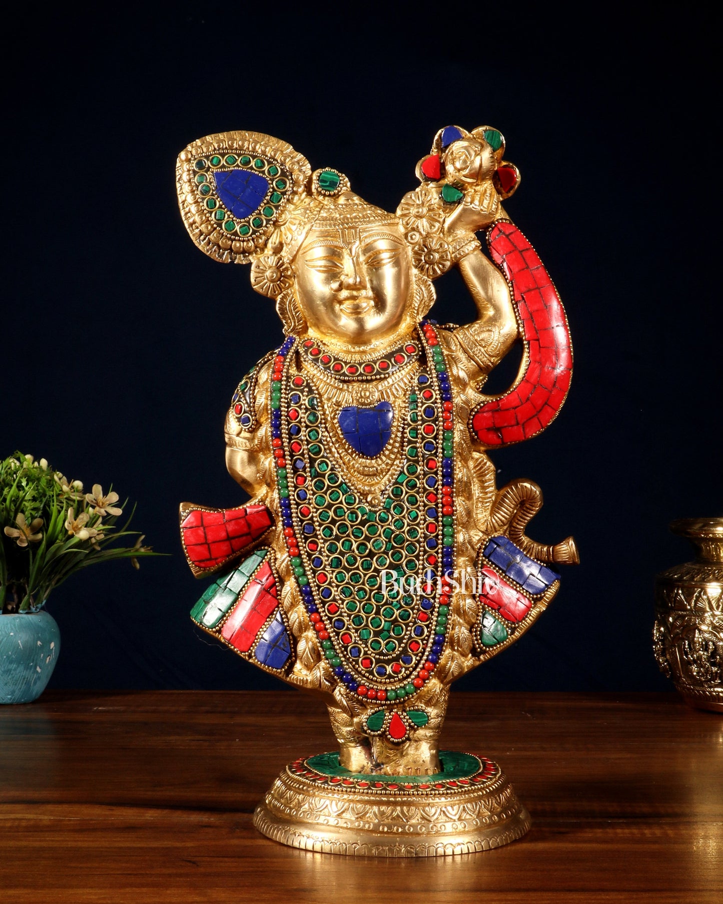 Handcrafted brass Lord Shrinath Ji Statue | From Nathdwara | 13 Inch meenakari - Sama Homes Idol - Brass Sculpture