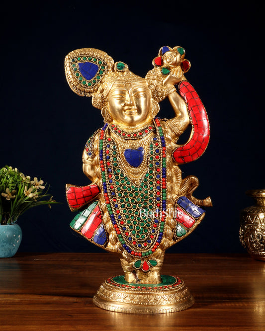 Handcrafted brass Lord Shrinath Ji Statue | From Nathdwara | 13 Inch meenakari - Sama Homes Idol - Brass Sculpture