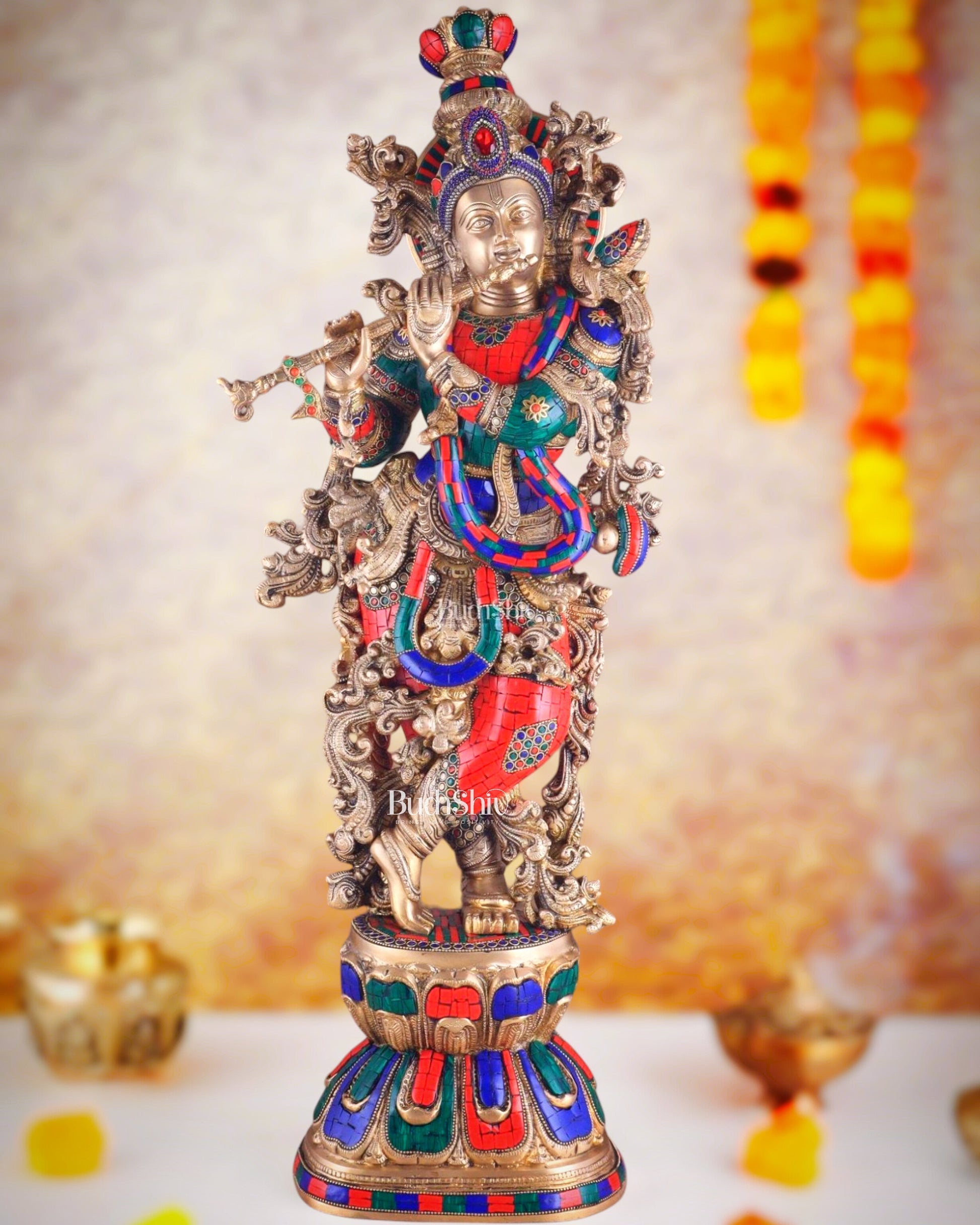 Brass Krishna Idol 30 inch meenakari Stonework | 100% Certified Copper & Brass - Sama Homes Idol - Brass Sculpture - Eco-friendly - Sama Homes