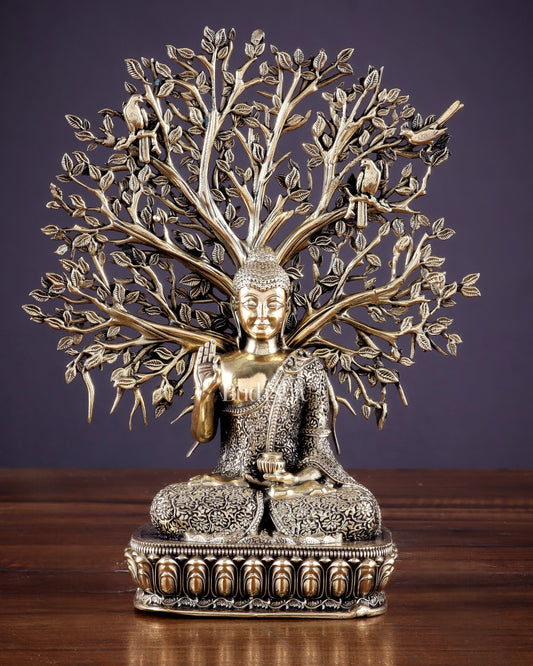 Intricate Superfine Brass Lord Buddha with Bodhi Tree Idol 6.5" - Sama Homes Idol - Brass Sculpture