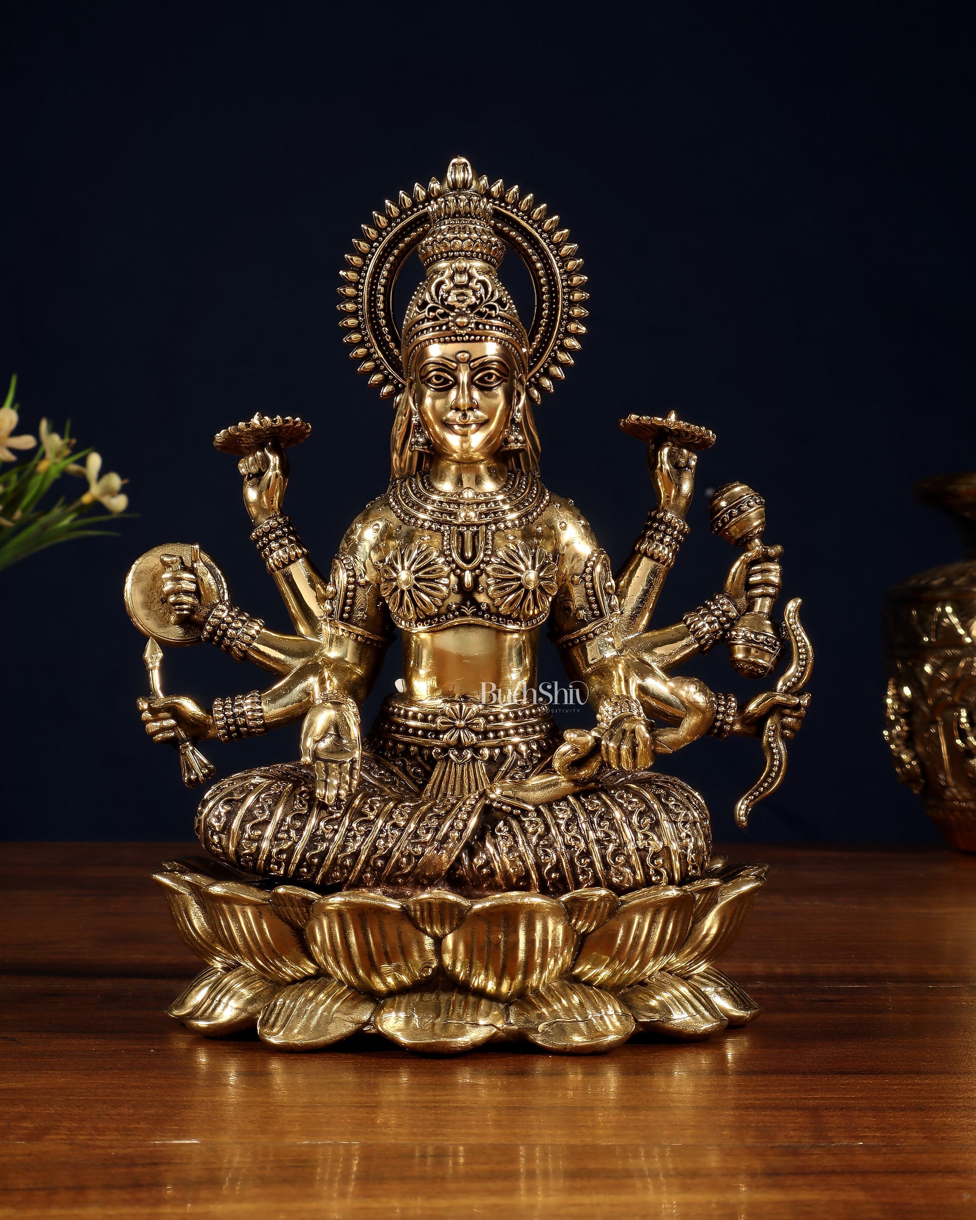 Brass Superfine Vijaya Lakshmi Idol with Eight Arms – 6.75" - Sama Homes Idol - Brass Sculpture - Eco-friendly - Sama Homes