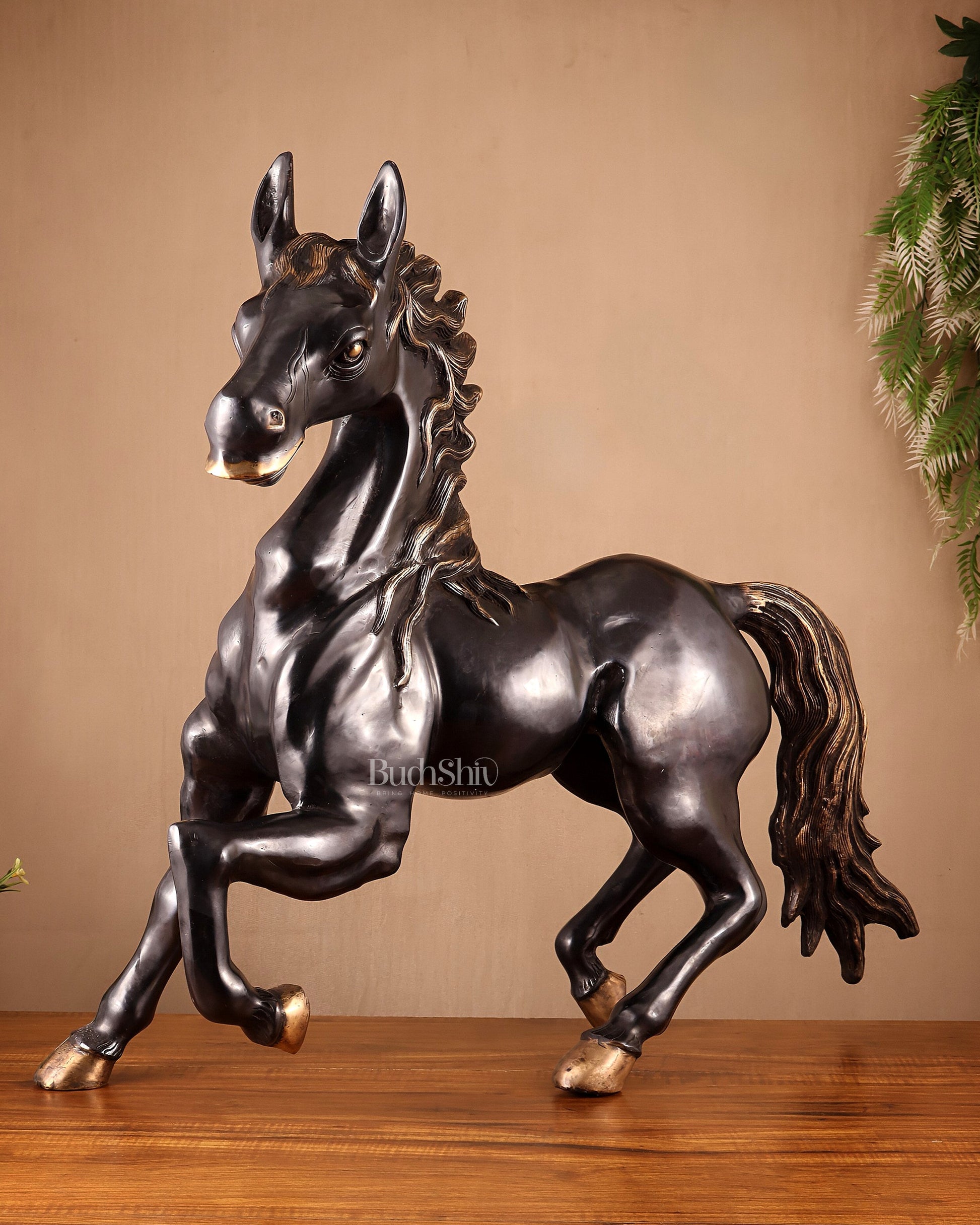 Large Brass Galloping Horse Showpiece Black Tone Finish 30" - Eco-friendly - Sama Homes