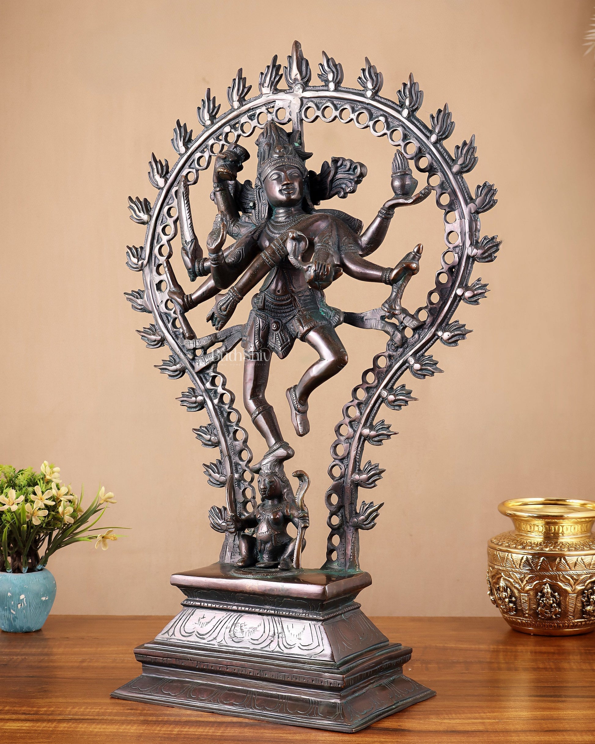 Pure Brass Eight-Armed Nataraja Statue – Antique Bronze Tone 21.5" - Sama Homes Idol - Brass Sculpture - Eco-friendly - Sama Homes