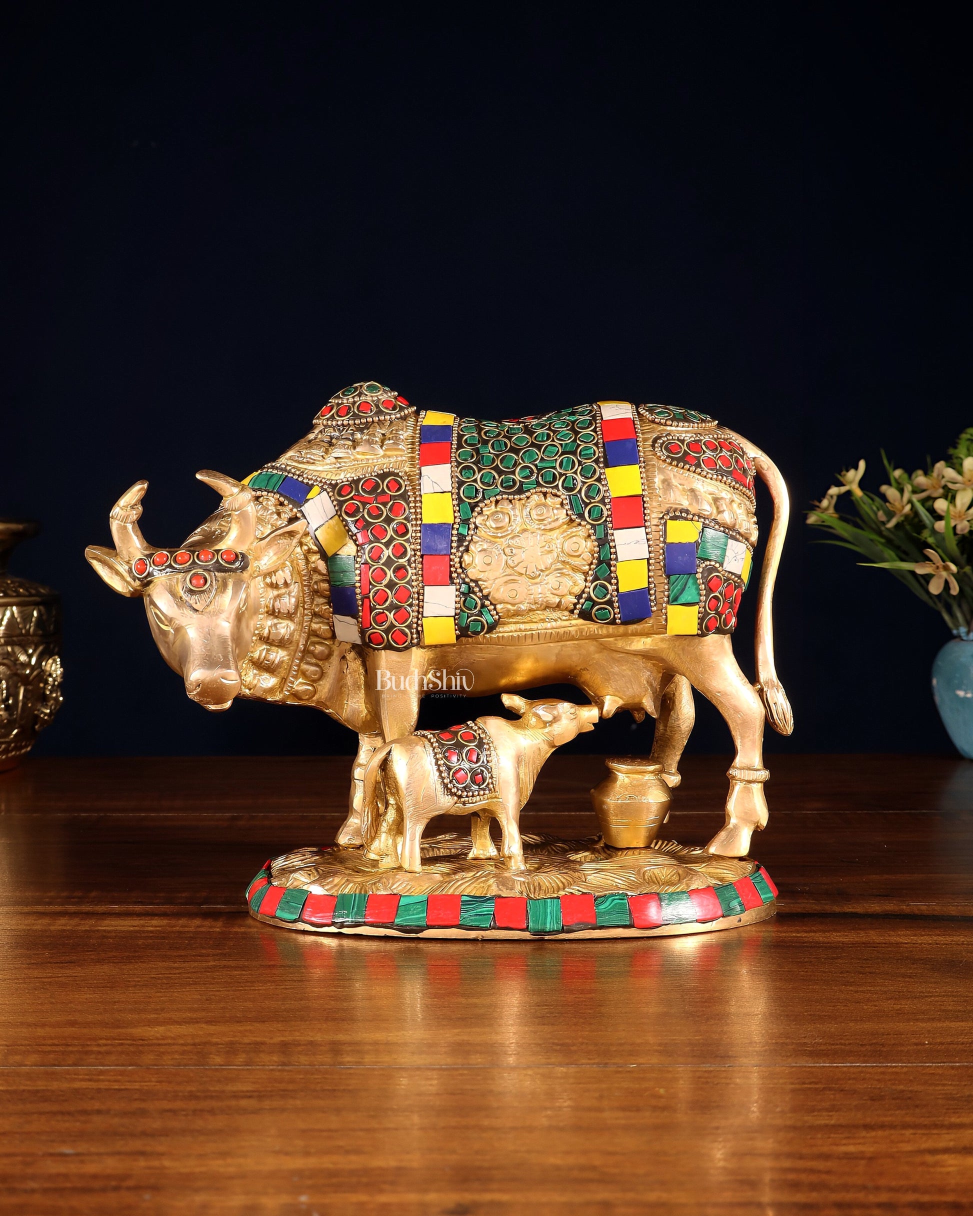 Handcrafted Brass Cow and Calf Statue with Carvings  8.5" - Eco-friendly - Sama Homes