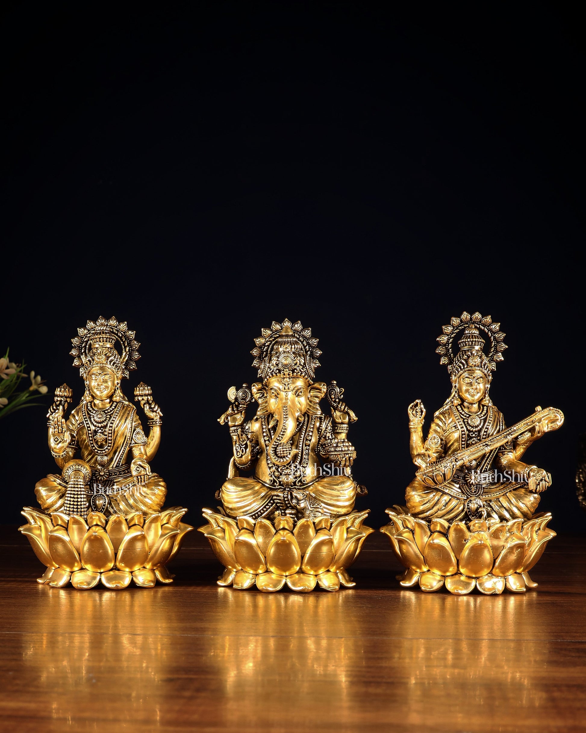 Superfine Brass Ganesh Lakshmi Saraswati Set | 6" (15.24 cm) Lotus Idols – Gold Finish - Sama Homes Idol - Brass Sculpture - Eco-friendly - Sama Homes