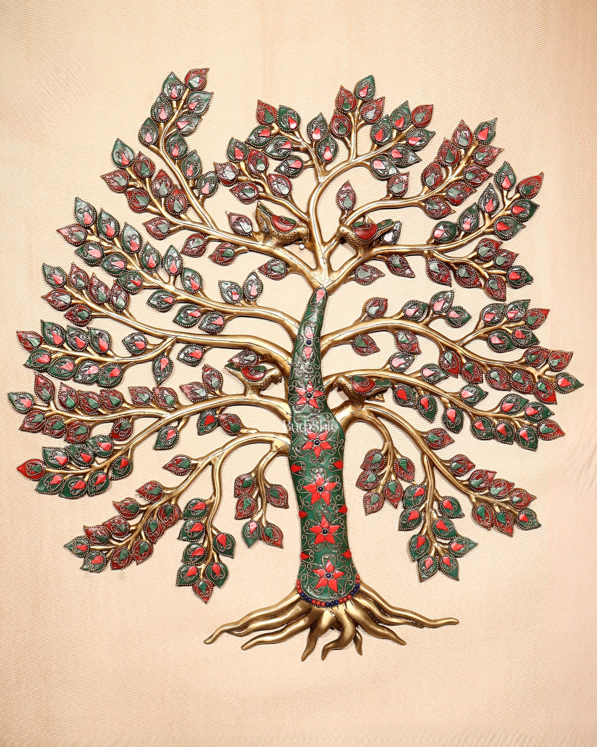 Brass Kalpavriksha Tree of Life Wall Hanging with Birds & Stonework – 23" x 22" - Eco-friendly - Sama Homes