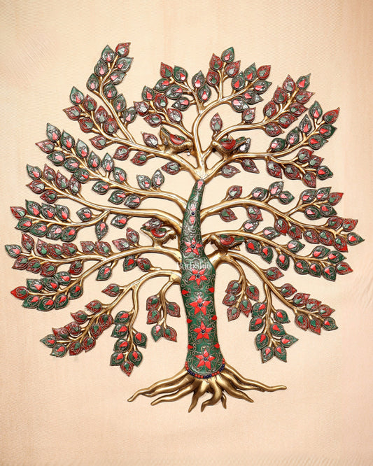 Brass Kalpavriksha Tree of Life Wall Hanging with Birds & Stonework – 23" x 22"