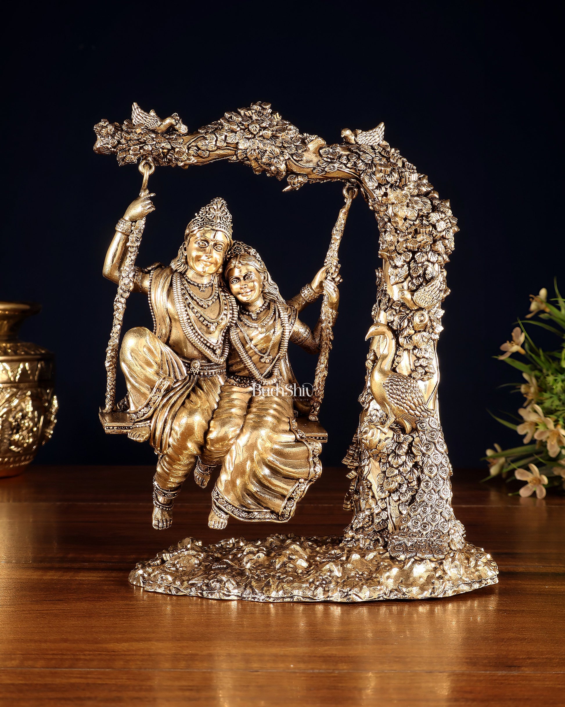 Unique Pure Brass Radha Krishna Intricate Superfine Swing 8" - Sama Homes Idol - Brass Sculpture - Eco-friendly - Sama Homes