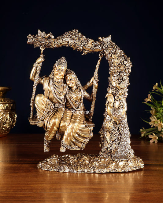 Unique Pure Brass Radha Krishna Intricate Superfine Swing 8" - Sama Homes Idol - Brass Sculpture