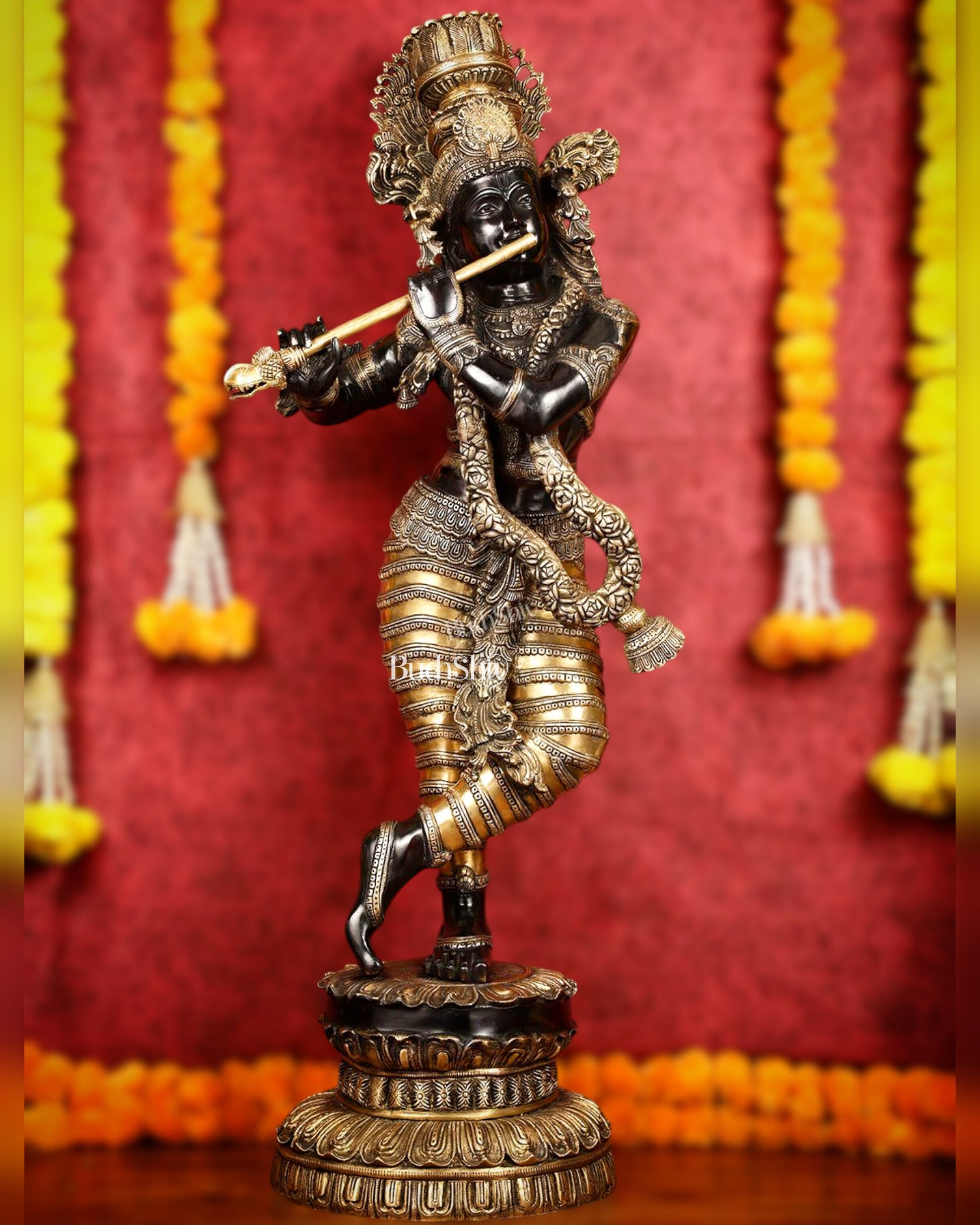 Brass Large black Krishna Statue - 46 inch | 100% Certified Copper & Brass - Sama Homes Idol - Brass Sculpture - Eco-friendly - Sama Homes