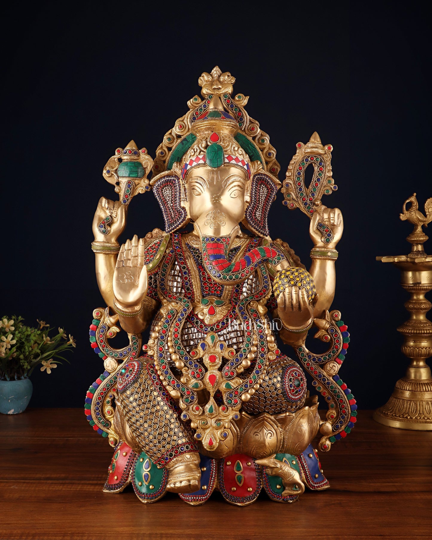 Brass Lord Ganesha large idol 21" with unique meenakari | 100% Certified Copper & Brass - Sama Homes Idol - Brass Sculpture
