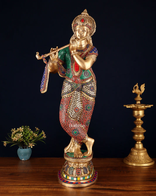 Brass Superfine Lord Krishna Sculpture - 26.5" stonework - Sama Homes Idol - Brass Sculpture