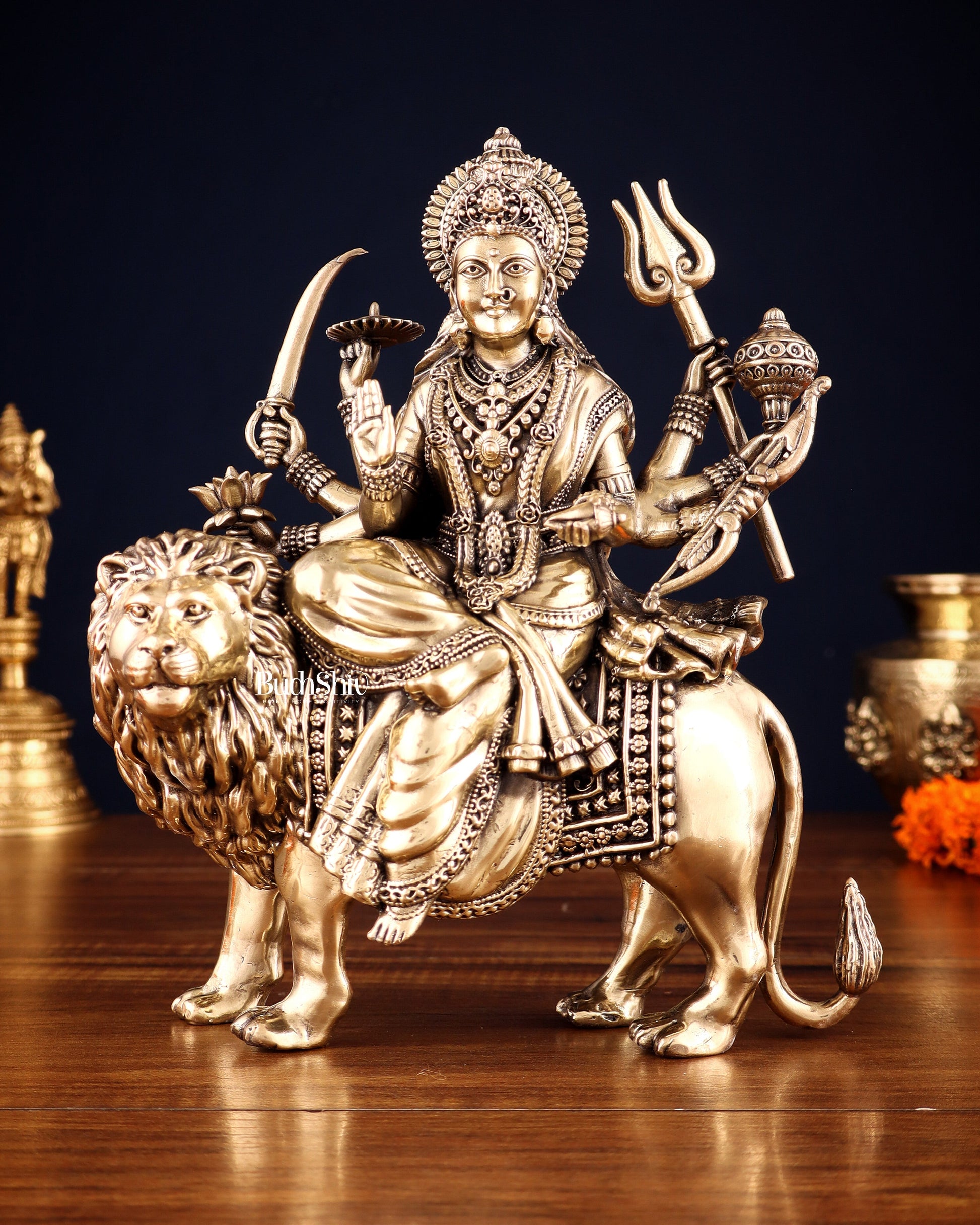 Brass Goddess Durga (Ambe Mata) Idol on Lion – 9.5" | 100% Certified Copper & Brass - Sama Homes Idol - Brass Sculpture - Eco-friendly - Sama Homes
