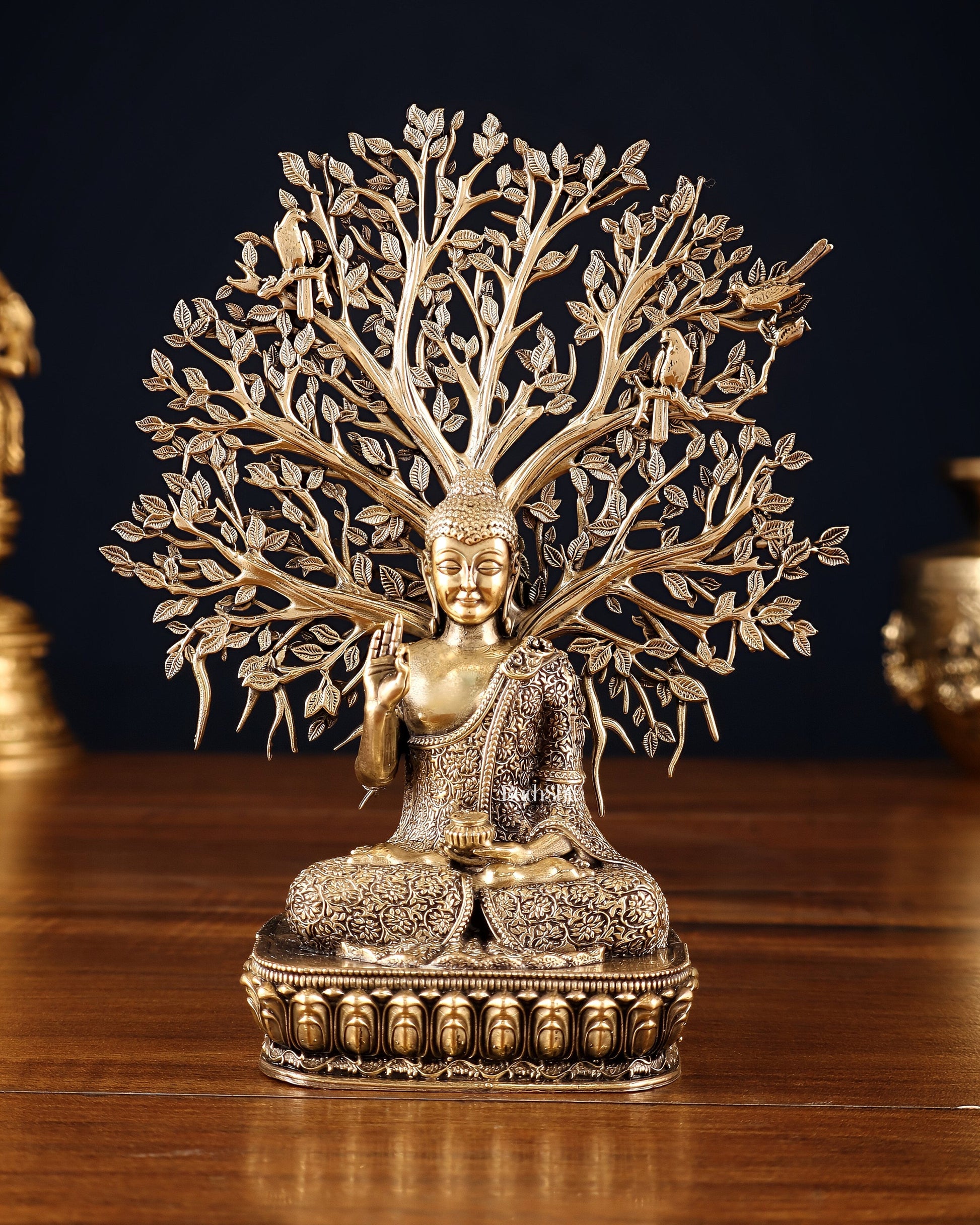 Superfine Brass Lord Buddha with Bodhi Tree Idol 6.5" - Sama Homes Idol - Brass Sculpture - Eco-friendly - Sama Homes