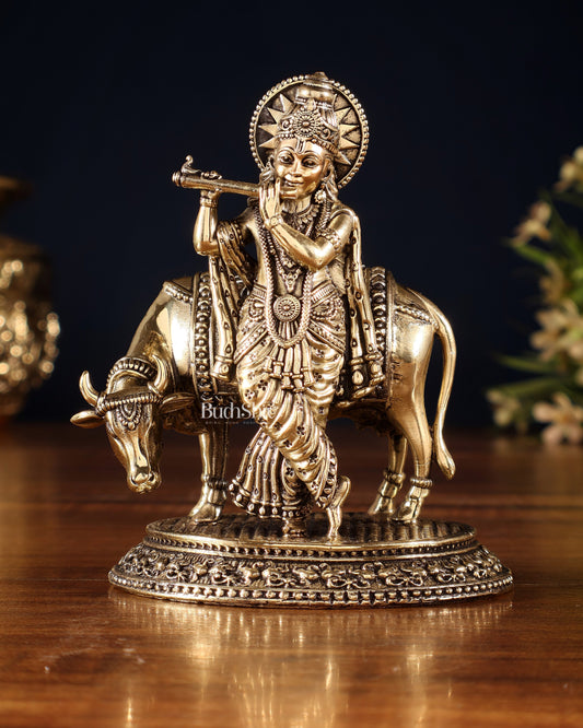 Brass Superfine Lord Krishna with Cow Idol – Intricately Crafted - Sama Homes Idol - Brass Sculpture