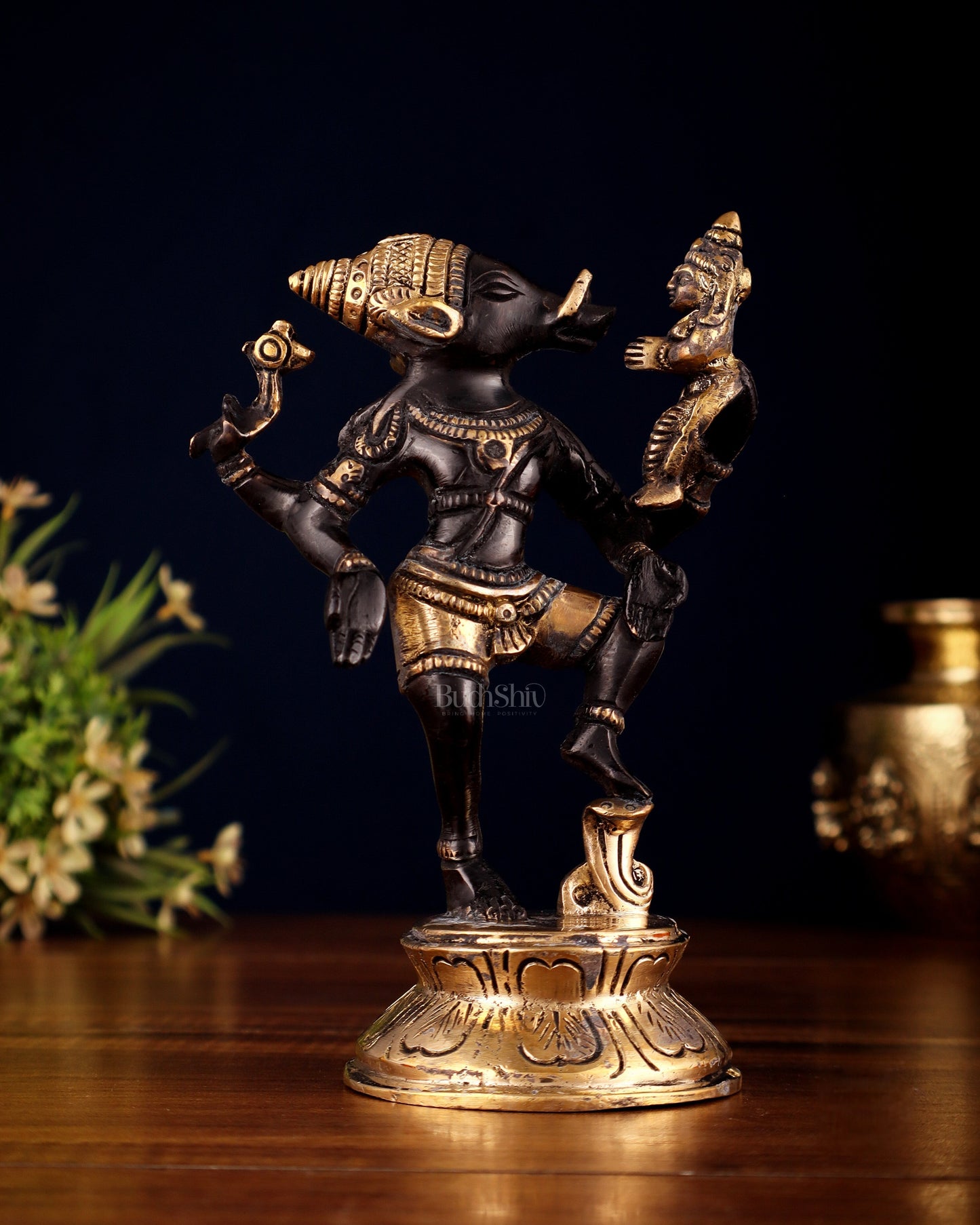 Pure Brass Lakshmi Varaha Swami Idol in Black-Gold Tone – 7" - Sama Homes Idol - Brass Sculpture
