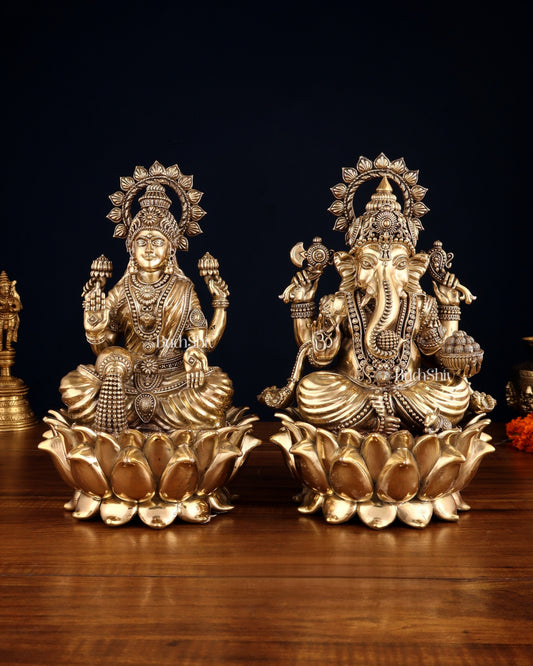 Pure Brass Intricate Ganesha & Lakshmi on Lotus Statues – 12" - Sama Homes Idol - Brass Sculpture