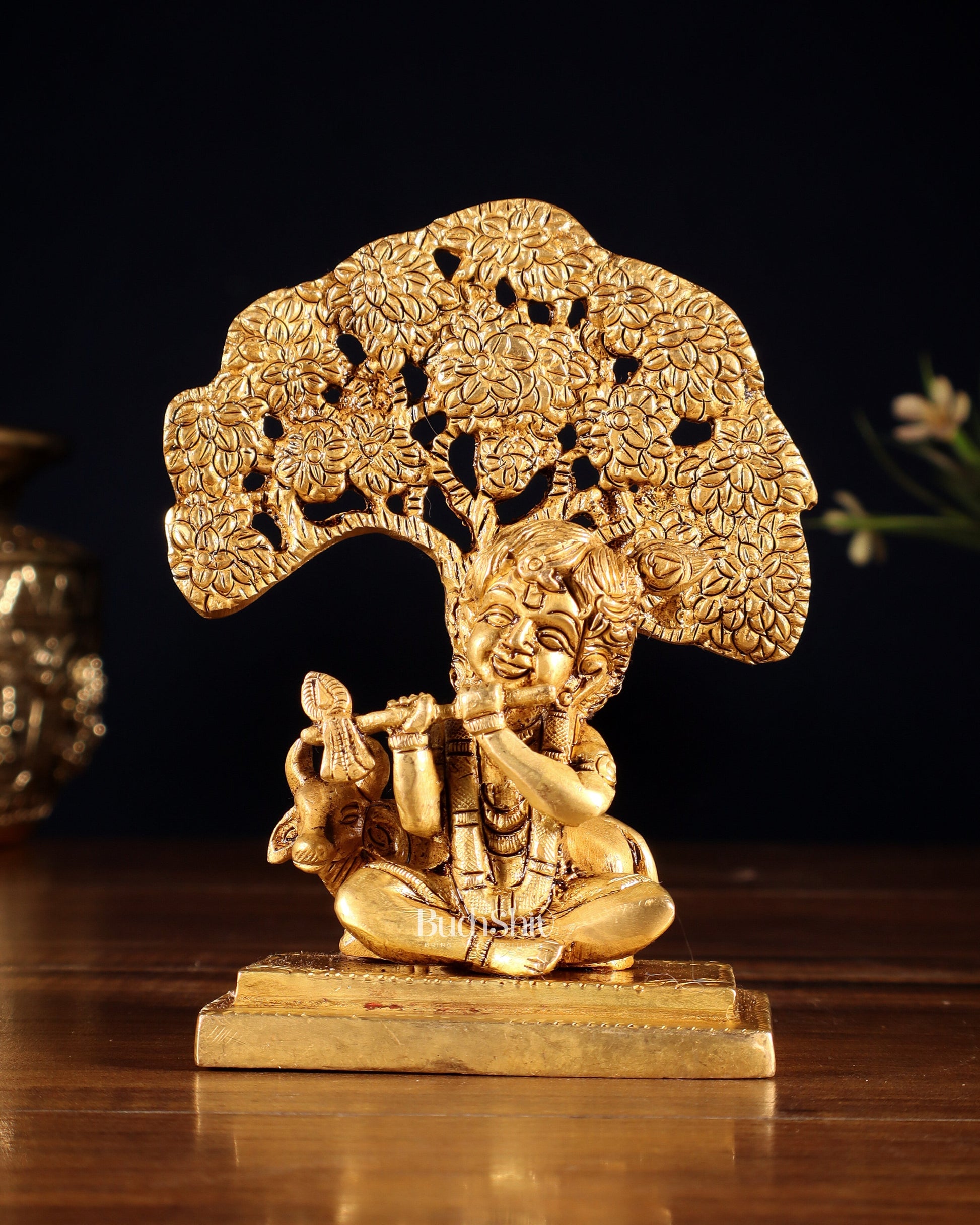 Pure Brass Baby Krishna with Cow under Kalpavriksha Tree – 5.5" - Sama Homes Idol - Brass Sculpture - Eco-friendly - Sama Homes
