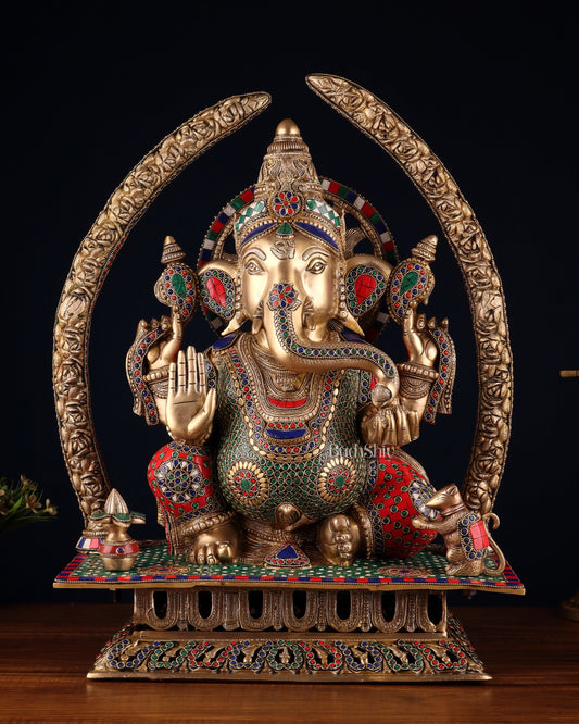 Handcrafted Superfine Brass Ganapathi Statue 22 inch stonework - Sama Homes Idol - Brass Sculpture