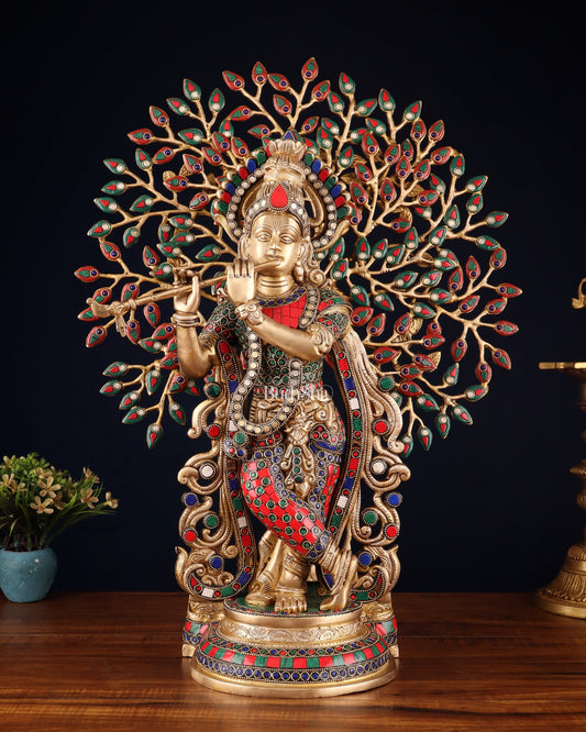 Pure Brass Lord Krishna with Kalpavriksha tree Statue 23" - Sama Homes Idol - Brass Sculpture