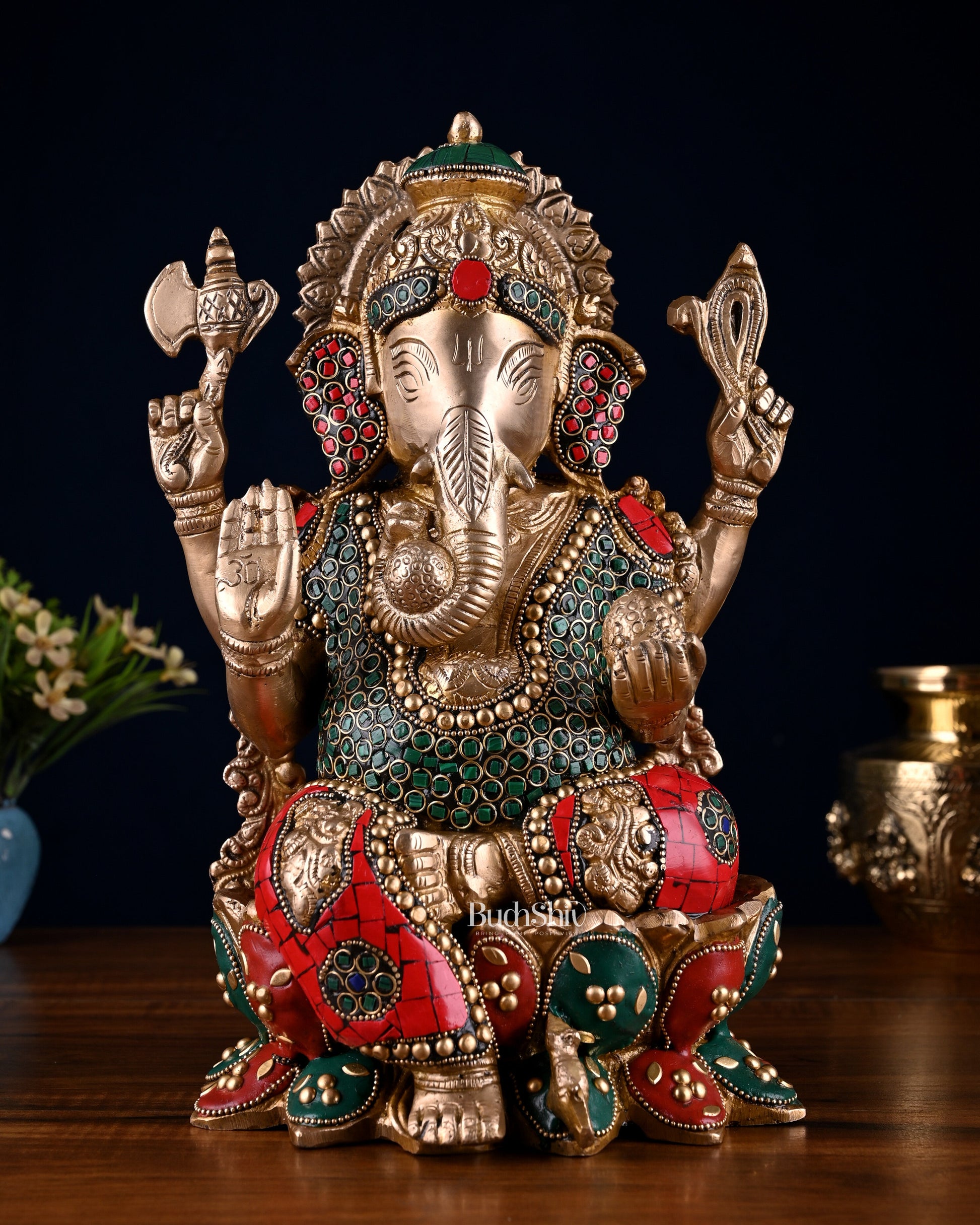 Brass Ganesha idol with trunk on right side 12 inch with stonework valampuri | 100% Certified Copper & Brass - Sama Homes Idol - Brass Sculpture - Eco-friendly - Sama Homes