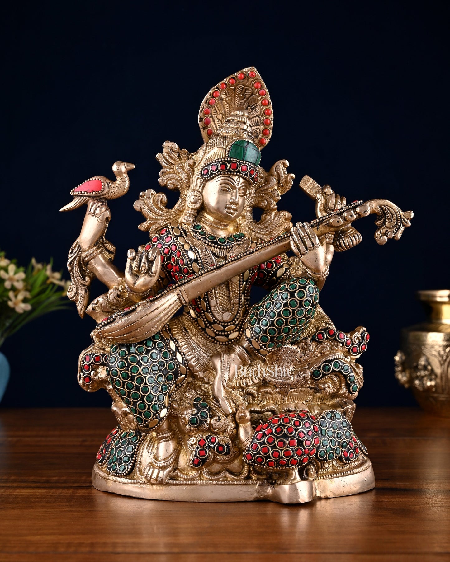 Saraswati brass idol 11 inches multi colour stonework - Sama Homes Idol - Brass Sculpture